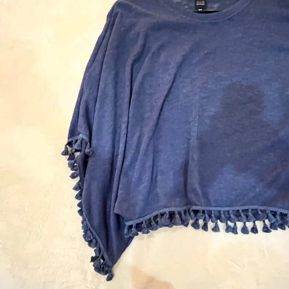 Womens BLUE Saks Fifth Avenue Blue Poncho Sweater Top With Fringe One Size - Picture 5 of 5